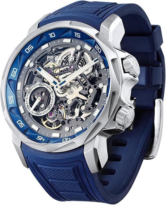 FEICE FM511 Men's Automatic Sapphire Glass Skeleton Watch with Blue Rubber Strap Stainless Steel Case 46 mm, Blue, Modern