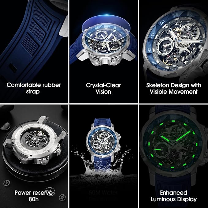 FEICE FM511 Men's Automatic Sapphire Glass Skeleton Watch with Blue Rubber Strap Stainless Steel Case 46 mm, Blue, Modern - Image 2