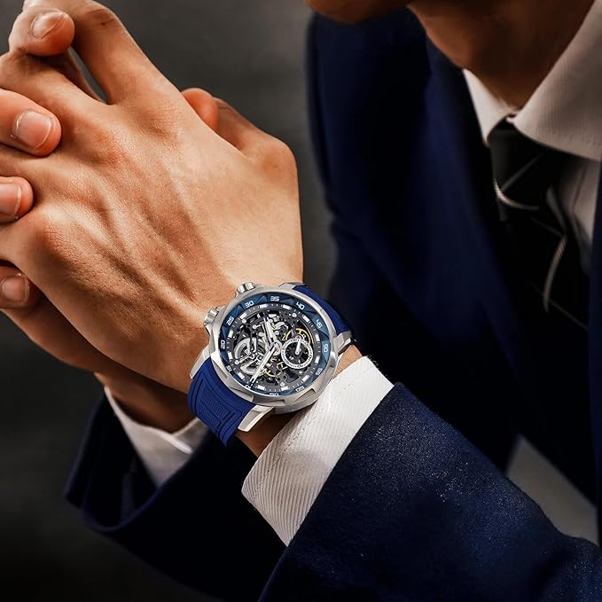 FEICE FM511 Men's Automatic Sapphire Glass Skeleton Watch with Blue Rubber Strap Stainless Steel Case 46 mm, Blue, Modern - Image 3