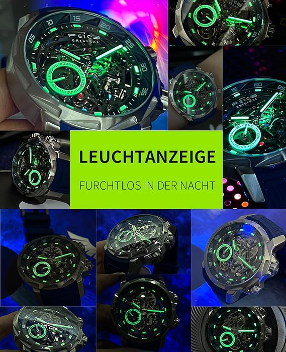 FEICE FM511 Men's Automatic Sapphire Glass Skeleton Watch with Blue Rubber Strap Stainless Steel Case 46 mm, Blue, Modern - Image 4
